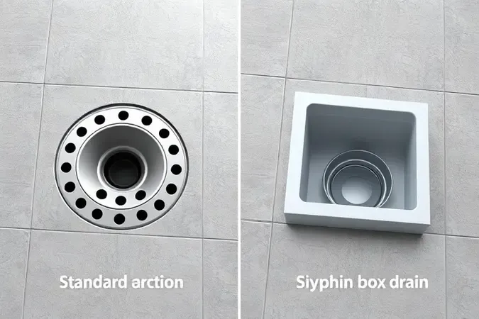 Comparação visual 3D entre ralo comum e caixa sifonada destacando o mecanismo de selo hídrico.