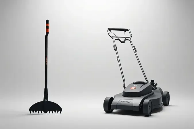 Comparação visual conceitual entre silhuetas de roçadeira a bateria e cortador de grama em estilo minimalista 3D.