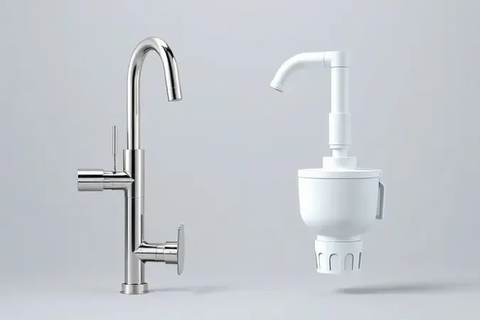 Comparação 3D conceitual entre sifão tubular comum e sifão de copo com compartimento removível, lado a lado.