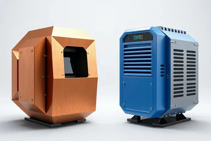 Comparação conceitual 3D entre tecnologias de solda por transformador e inversora, destacando diferenças de tamanho e design.
