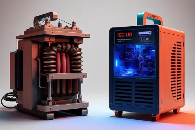Renderização 3D comparativa entre solda transformadora tradicional e máquina inversora moderna destacando evolução e portabilidade.