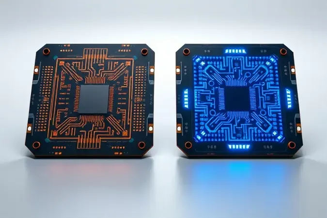Comparação evolutiva entre versões de chip diagnóstico automotivo ELM327 com arquiteturas distintas em render 3D.
