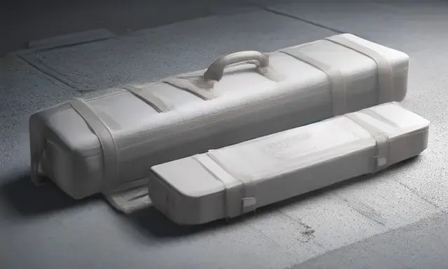 Renderização 3D conceitual mostrando dimensões e medidas de bolsa para ferramentas com fita métrica metálica.