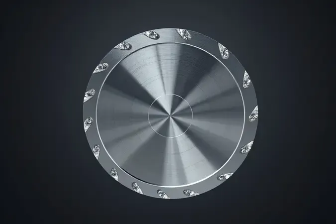 Render 3D de disco de corte diamantado com segmentos de diamante visíveis na borda flutuando em estúdio limpo.