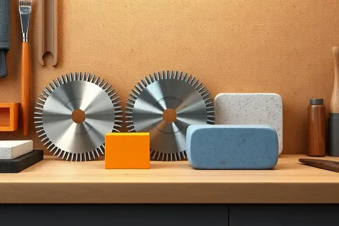 Render 3D conceitual de diferentes discos de corte ao lado de blocos de materiais como metal, cerâmica e pedra sobre bancada moderna.