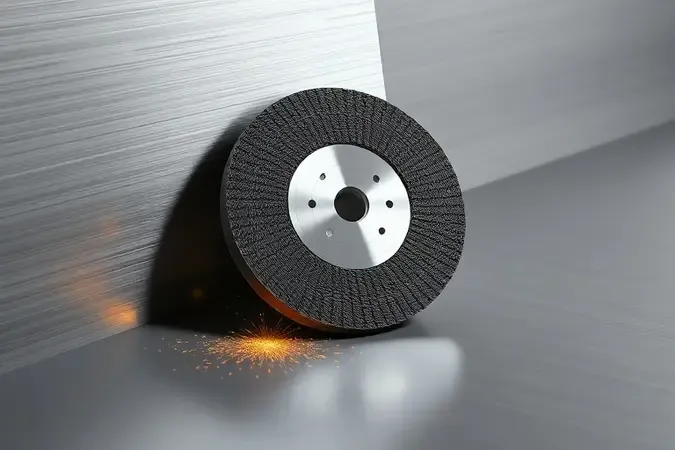 Renderização 3D conceitual de disco de desbaste posicionado próximo a superfície metálica com partículas de luz representando faíscas.