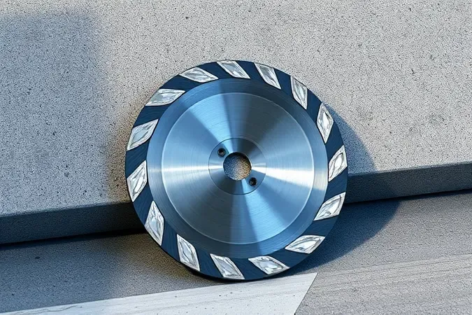 Render 3D conceitual de disco diamantado para concreto próximo a superfície de concreto texturizada.