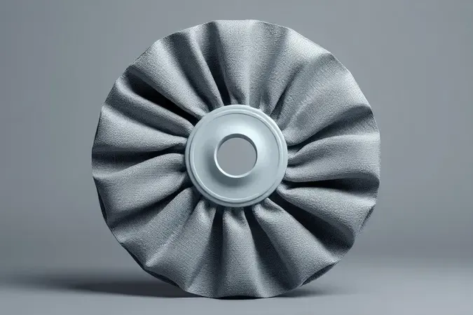 Render 3D conceitual em close-up de disco flap com múltiplas camadas de lixa sobrepostas radialmente.