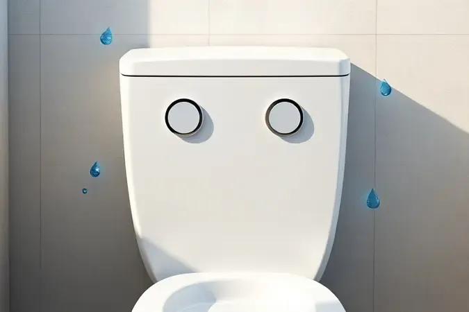 Representação 3D de sistema de duplo acionamento em caixa de descarga destacando economia de água com design moderno.