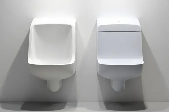 Comparação conceitual de durabilidade entre duas caixas de descarga de parede com acabamentos distintos em renderização 3D.