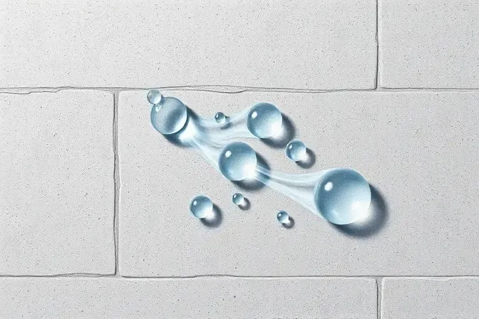 Visualização 3D do efeito hidrofóbico em parede tratada com gotas de água sendo repelidas da superfície.