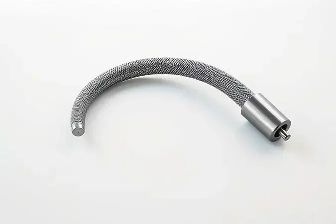 Eixo flexível de micro retífica com curvatura dinâmica em renderização 3D conceitual sobre superfície minimalista.