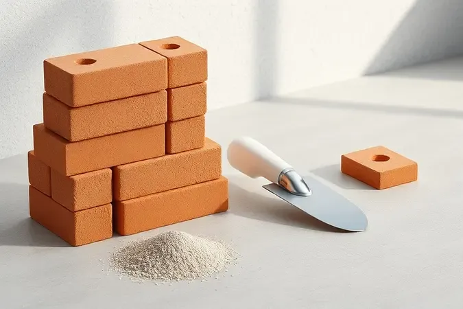 Renderização 3D conceitual de elementos de construção civil com tijolos limpos e desempenadeira em composição minimalista.