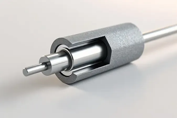 Corte transversal de eletrodo revestido mostrando núcleo metálico e camadas de revestimento em render 3D educacional.