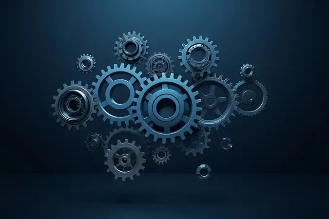 Conceito 3D de engenharia de precisão com engrenagens abstratas em tons de azul e cinza