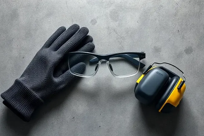 Equipamentos de proteção individual para mecânicos em renderização 3D conceitual com óculos, luvas e protetor auricular.
