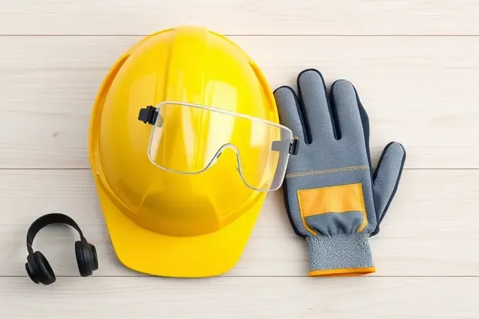 Equipamentos de proteção individual para construção civil em renderização 3D com capacete, óculos e luvas de trabalho.