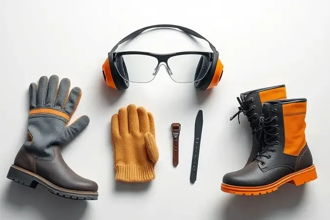 Equipamentos de proteção individual para uso de roçadeira a combustão em renderização 3D minimalista.