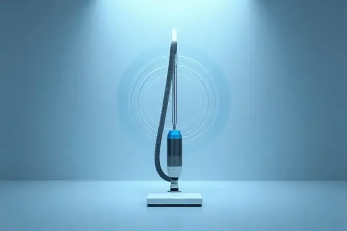 Renderização conceitual do equilíbrio entre sucção e ruído em aspirador vertical moderno com ondas sonoras estilizadas