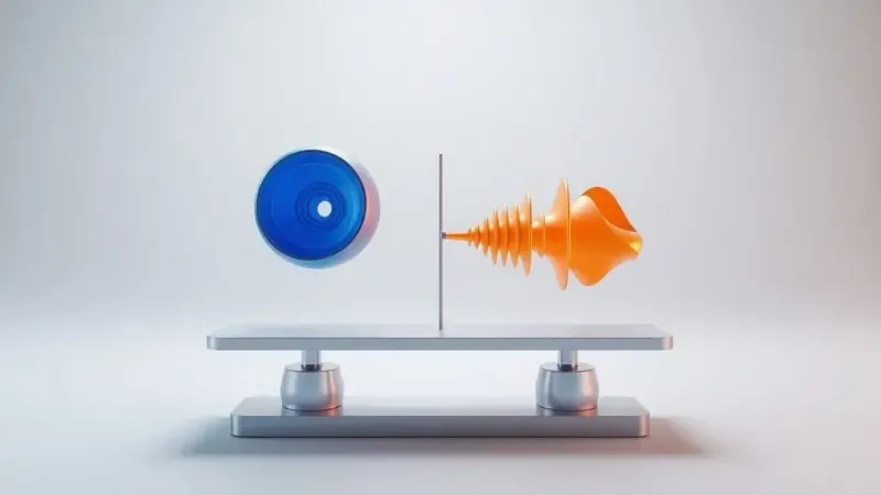 Composição 3D de balança equilibrada representando poder de sucção e nível de ruído com ondas sonoras e vórtice de ar.