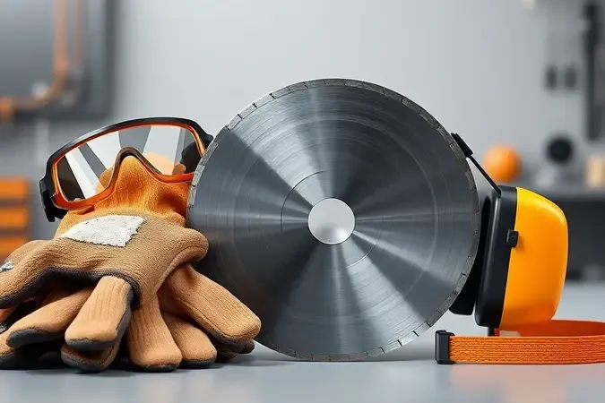 Render 3D de equipamentos de proteção como óculos e luvas ao lado de disco de corte genérico em bancada limpa.