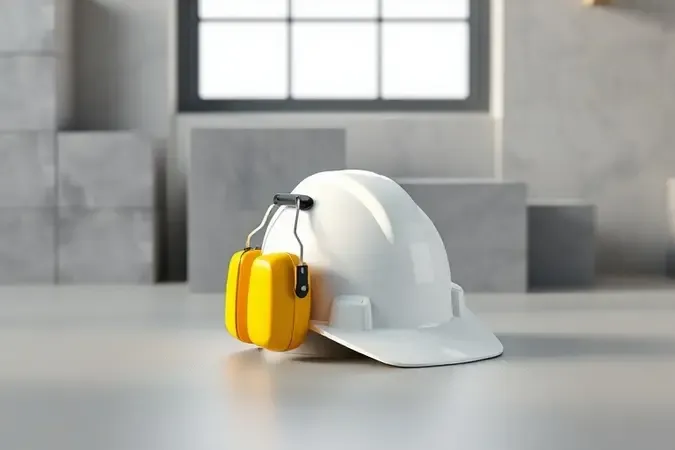 Render 3D conceitual de equipamentos de proteção individual genéricos como capacete e abafador de ruídos em ambiente industrial limpo.