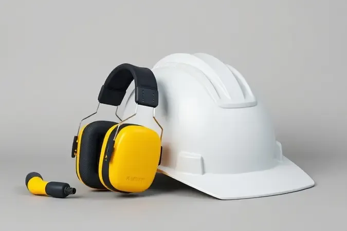 Renderização 3D conceitual de equipamentos de proteção individual incluindo abafador de ruídos genérico e capacete sobre superfície neutra.