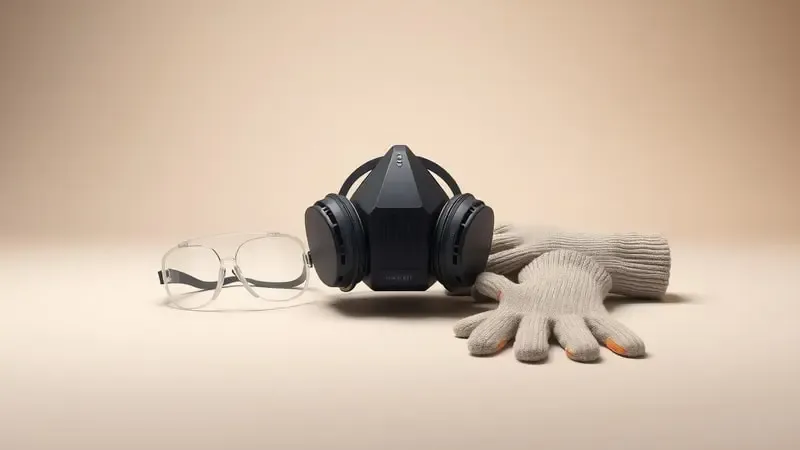 Render 3D de equipamentos de proteção individual como máscara respiradora e luvas para pintura com pistola