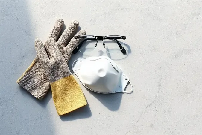 Equipamentos de proteção para aplicação de massa acrílica em render 3D com luvas, óculos e máscara.