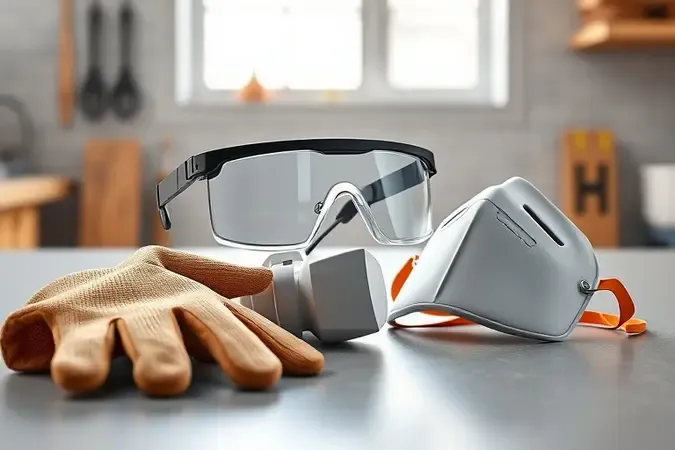 Equipamentos de proteção individual para corte de porcelanato em render 3D conceitual.