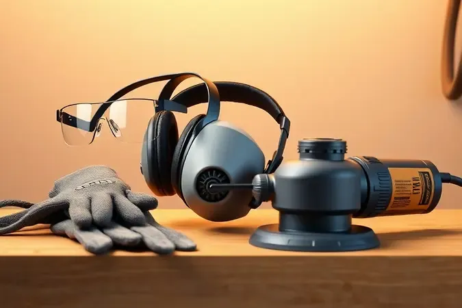 Renderização 3D conceitual de equipamentos de proteção para uso seguro de lixadeira orbital em bancada organizada