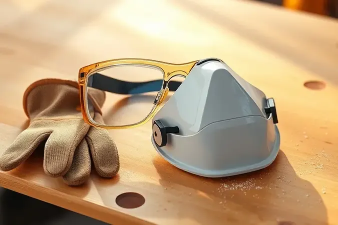 Conceito 3D de equipamentos de segurança para marcenaria incluindo óculos protetores, máscara contra pó e luvas sobre bancada