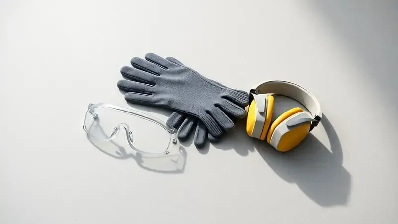 Renderização 3D de equipamentos de segurança essenciais para uso de martelete: óculos, luvas antivibração e protetor auricular em composição clean.