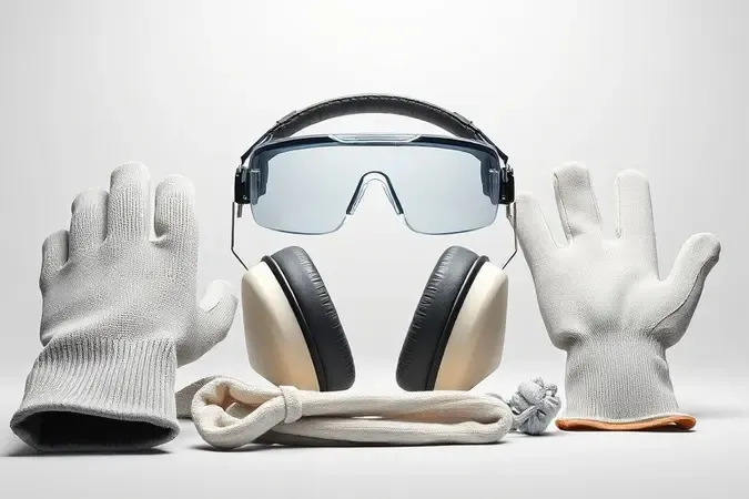 Render 3D conceitual de equipamentos de segurança para oficina como óculos de proteção, protetor auricular e luvas.