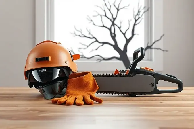 Render 3D de equipamentos de segurança para poda com motosserra, incluindo capacete, luvas e óculos sobre superfície de madeira.