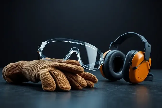Renderização 3D conceitual de equipamentos de proteção individual essenciais para uso seguro com esmerilhadeira incluindo óculos luvas e protetor auricular