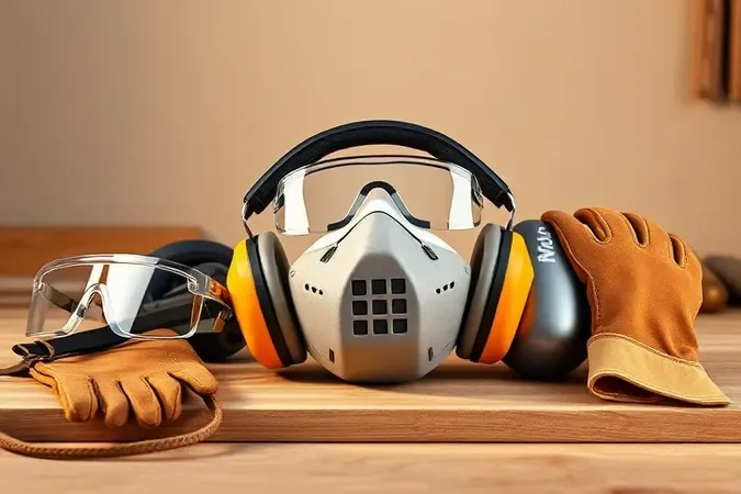 Equipamentos de segurança para marcenaria incluindo óculos, protetores auriculares e máscara contra pó em composição 3D limpa.