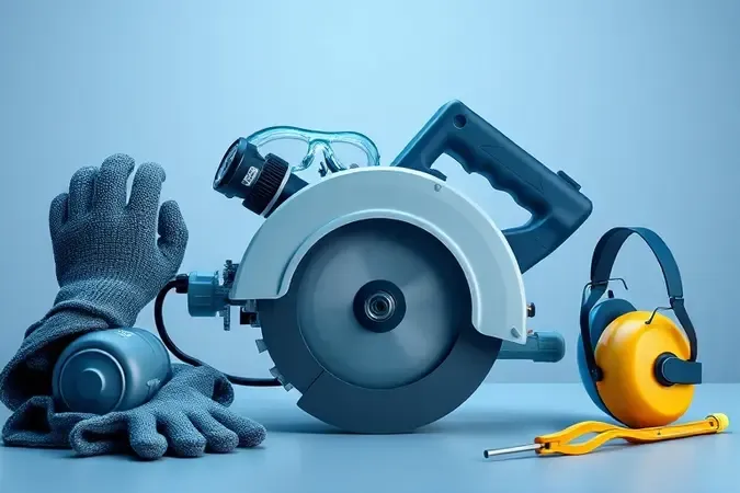 Renderização 3D conceitual de equipamentos de segurança para uso de serra circular em ambiente profissional minimalista.