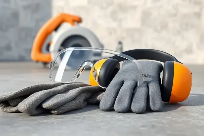 Renderização 3D conceitual de equipamentos de segurança para uso de serra circular em composição moderna.