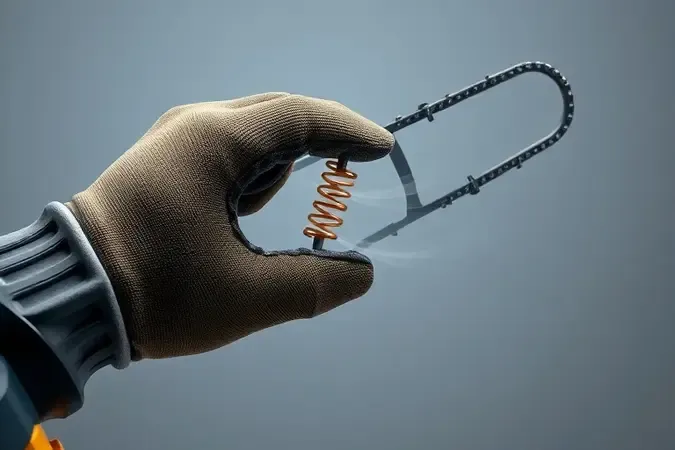 Render 3D mostrando mão enluvada segurando empunhadura ergonômica de motosserra com sistema antivibração representado por ondas suaves.