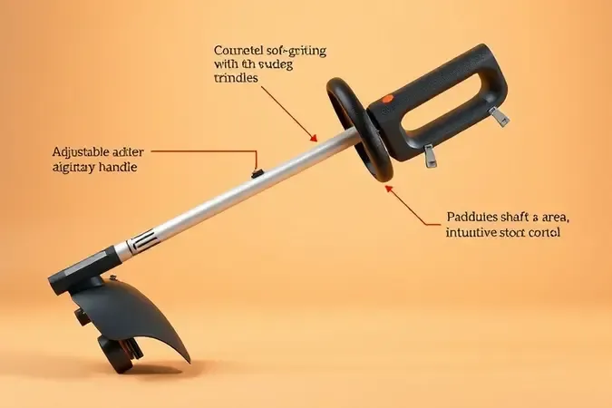 Aparador de grama com design ergonômico destacando empunhadura macia e alça ajustável em renderização 3D conceitual.