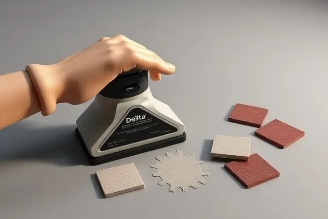 Renderização conceitual de mão segurando lixadeira delta genérica com folhas de lixa intercambiáveis ao redor, destacando ergonomia e acessórios.
