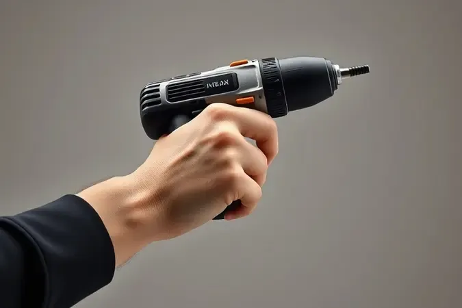 Renderização 3D de mão segurando parafusadeira com foco na empunhadura ergonômica e ponto de equilíbrio da ferramenta
