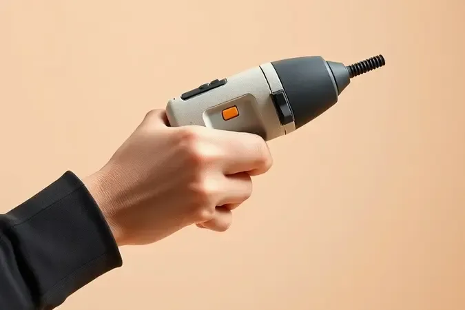 Renderização 3D de mão segurando empunhadura ergonômica de plaina elétrica destacando design e conforto de uso