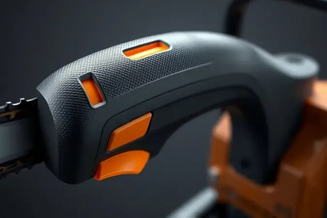 Detalhe conceitual do punho ergonômico de motosserra a bateria com textura e contornos anatômicos em 3D.