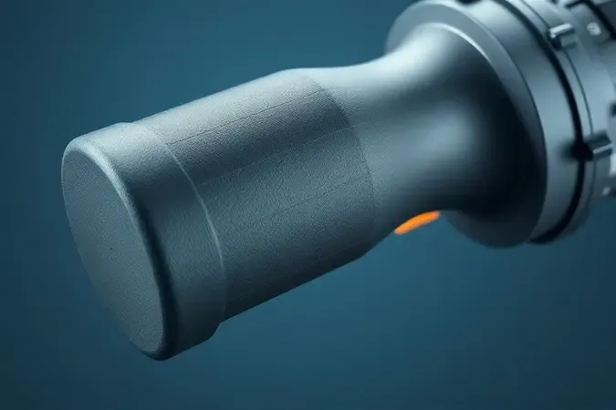 Render 3D de empunhadura ergonômica de ferramenta com texturas emborrachadas e design leve e minimalista