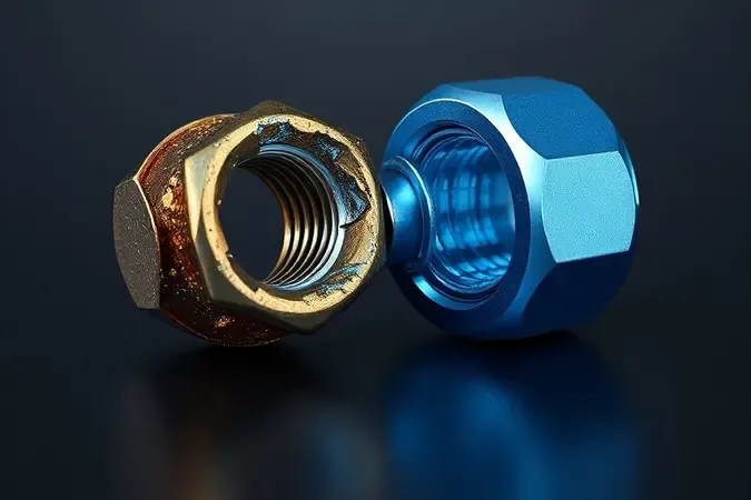Render 3D conceitual contrastando rosca de parafuso danificada por torque excessivo com parafuso íntegro lado a lado.