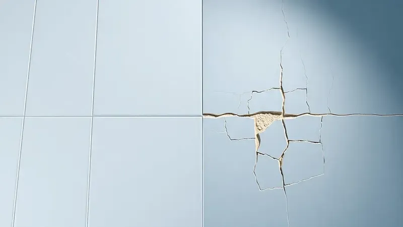 Comparação conceitual 3D entre azulejos de piscina bem instalados e azulejos com falhas de adesão e fissuras.