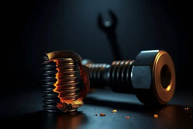 Render 3D conceitual mostrando parafuso danificado com rosca espanada e fratura metálica sob iluminação dramática de advertência.