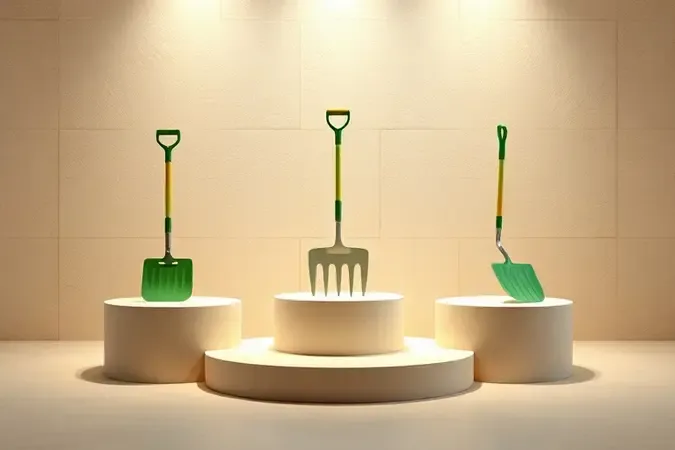 Composição 3D com três silhuetas de ferramentas de jardinagem representando escolha e comparação.